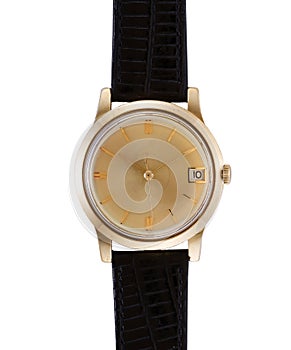 Closeup shot of a golden watch with a black leather band isolated on a white background