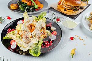 Closeup shot of a gourmet dish of caesar salad