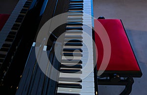 Closeup shot of a grand piano keyboard.