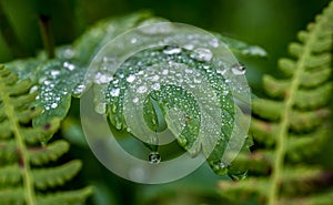 Closeup shot of a green leaf covered in dew and rain droplets