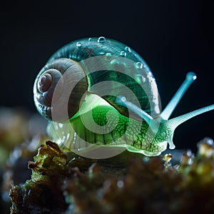 Closeup shot of a green snail slowly crawling on a lush green moss, AI-generated.
