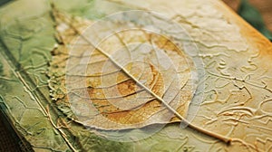 A closeup shot of a handmade bookmark with intricate leaf designs pressed into the paper.