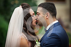 Closeup shot of happy newlywed couple kissing
