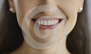 Closeup shot of a happy young woman's smile with perfect white even healthy teeth