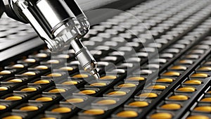 A closeup shot of a hightech robotic arm dexterously placing items into a wellorganized array of packaging containers