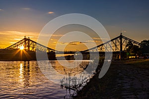 Closeup shot of the historical bridge Blaues Wunder in Dresden, Germany at sunset