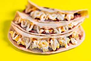 Closeup shot of Honduran baleada, traditional street food