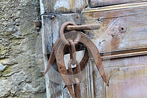 Closeup shot of horseshoes hang on the gate