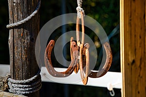 Closeup shot of horseshoes hanging from the rope