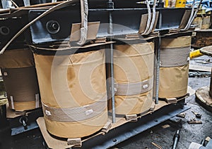 Closeup shot of Hv and Lv windings of high voltage distribution transformer with paper insulation photo