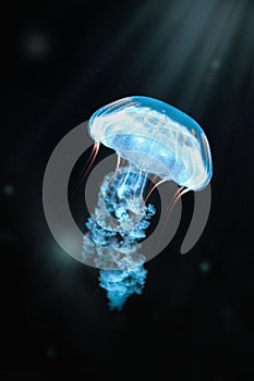 Closeup shot of an illuminated and transparent blue jellyfish swimming in the deep ocean