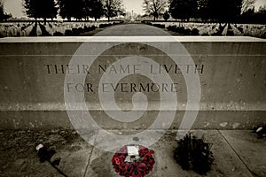 Closeup shot of the inscription on the stone in the Canadian War Cemetery in Groesbeek