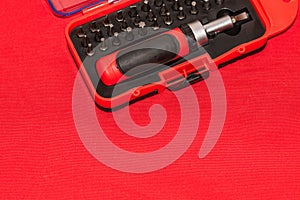 Closeup shot of an interchangeable screwdriver set with different types of metal steel heads