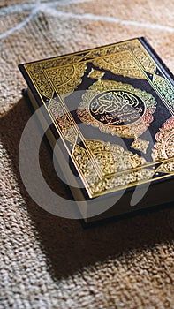 Closeup shot of Islamic Book Quran with golden arabic calligraphy right side