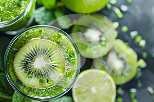 A closeup shot of kiwi and lime smoothie in glass, surrounded by fresh green leaves and slices of kiwifruit on the table
