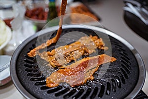 Closeup shot of Korean style barbecue at home