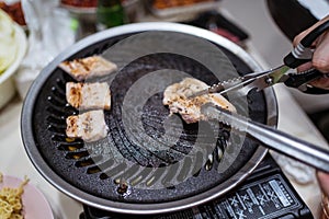 Closeup shot of korean style barbecue at home