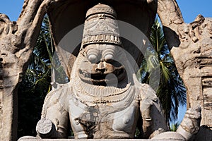 Closeup shot of Laxmi Narasimha sculpture in Hampi