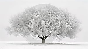 A closeup shot of a lone tree its branches completely encased in a thick layer of icy snow. Against the backdrop of a