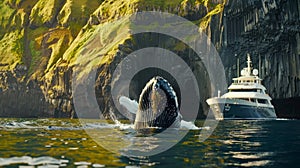 A closeup shot of a majestic humpback whale gracefully swimming alongside an environmentallyconscious yacht with a