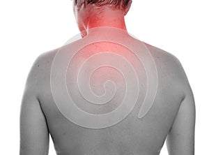 Closeup shot of a man having a body pain isolated on white background