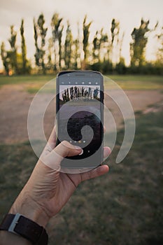 Closeup shot of a man's hand holding a phone and taking pictures of a beautiful summer landscape