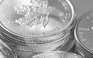 Closeup shot of maple leaf fine silver coins from the Royal Canadian Mint