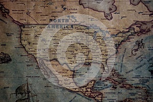 Closeup shot of a North America continent on a vintage map