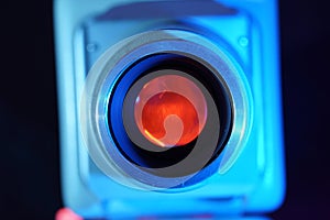 Closeup shot of old slide projector with slide frame