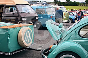 Closeup shot old timer vintage car volkswagen beetle at classic fest 2022, festival with old classic vintage cars