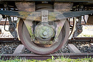 Closeup shot of an old train wheel on the rail track.