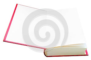 Closeup shot of open book in red cover isolated on a white background