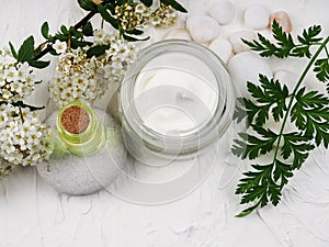 Closeup shot of organic oil and cream. green cosmetic arrangement, Fresh herbal skincare cosmetics. Essential oil, craft bottle,