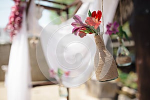 Closeup shot of the outdoors wedding decoration elements