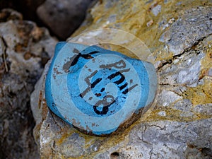 Closeup shot of a painted rock in a garden with a Bible Verse, Philippians 4:8