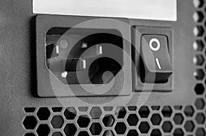 Closeup shot of PC Power Supply. Black and white