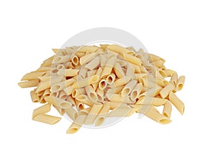 Closeup shot of penne pasta isolated on white background