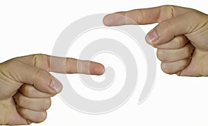 Closeup shot of people pointing fingers at each other on an  background