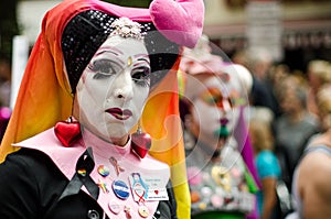 Closeup shot of a person in costume at the Christopher Street Day Pride Parade in Hamburg, Germany