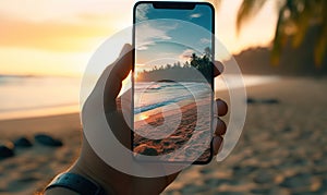 closeup shot of person holding mobile phone in hand and taking photo of sunset at sea, nature photography with