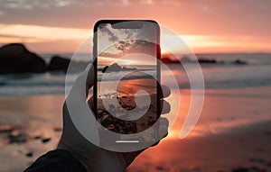 closeup shot of person holding mobile phone in hand and taking photo of sunset at sea, nature photography with