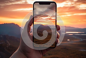 closeup shot of person holding mobile phone in hand and taking photo of sunset at sea, nature photography with