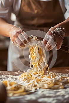 closeup shot of person making homemade pasta, professional chef preparing italian spaghetti at kitchen