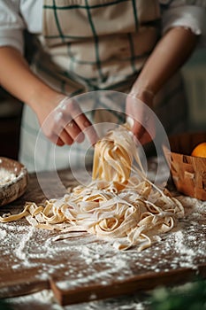 closeup shot of person making homemade pasta, professional chef preparing italian spaghetti at kitchen