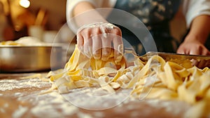 closeup shot of person making homemade pasta, professional chef preparing italian spaghetti at kitchen