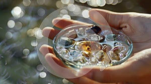 A closeup shot of a persons hand holding a small dish filled with water and gemstones. The stones seem to be reacting to photo