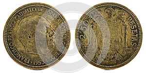 Closeup shot of 2,50 pesetas coin with Francisco Franco inscription photo