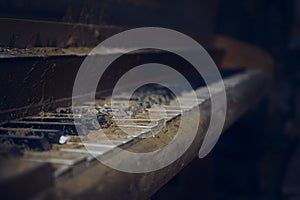 Closeup shot of a piano in a creepy abandoned room inside of a building