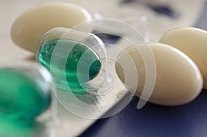 Closeup shot of pills and medications. capsules. ovules