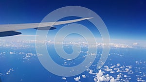 Closeup shot of a plane wing in flight under blue sky